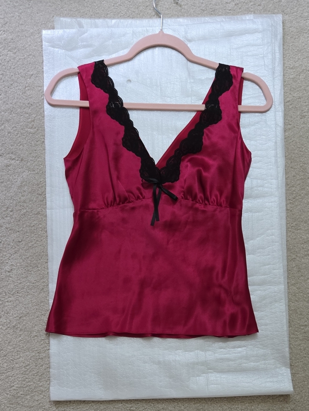 Kenneth Cole New York Red Satin Chemise with Black Lace Trim